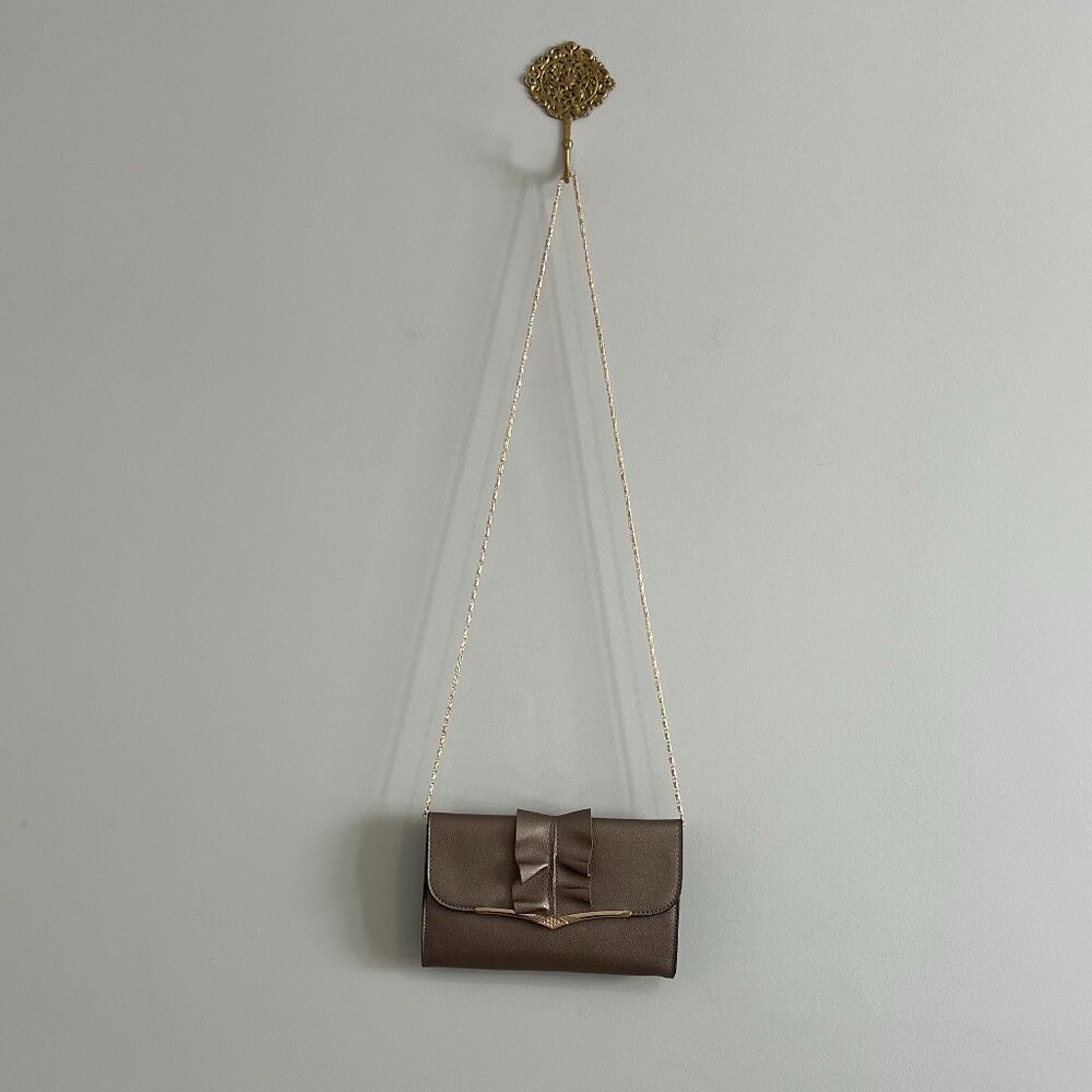 Champagne Metallic Bow Clutch Purse | Faux Leather Evening Wedding bag